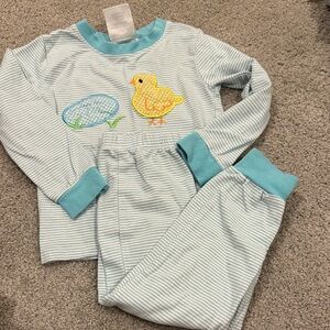 Easter Light Blue Striped Chick Appliqué Pajama Set